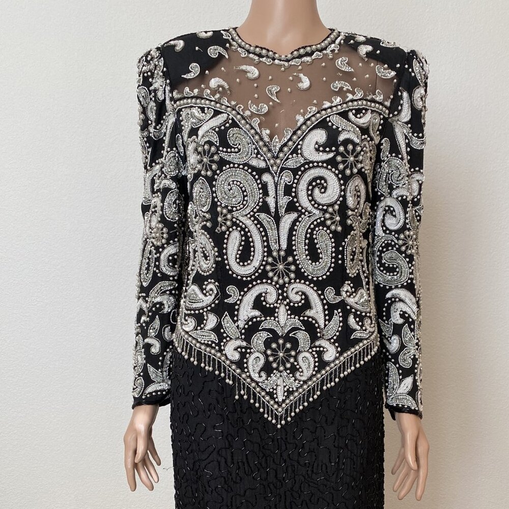 CREATIVE CREATIONS Vintage Silk Long Pearl Crystal Embellished Dress Medium